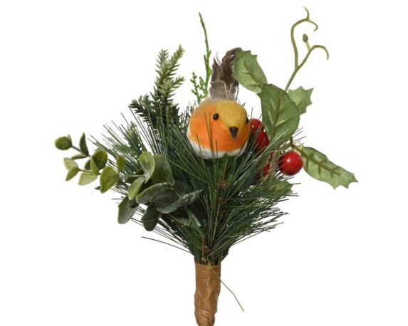 Decorazione Ramo con Uccellino Verde e Rosso 13x15x17cm