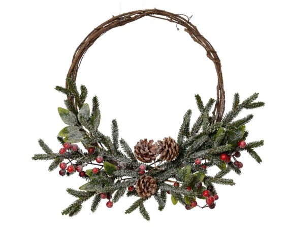 Decorazione Corona con Bacche e Pigne Verde e Rosso D40x9cm in PVC