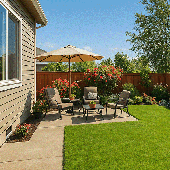 Area relax in giardino con tappeto erboso Prato Reale, erba sintetica dall'aspetto naturale, sedie da esterno e ombrellone su sfondo di fioriere colorate.