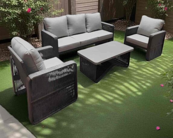 Set 4 Pz Salotto Maiorca Grigio in Alluminio, Corda e Tessuto