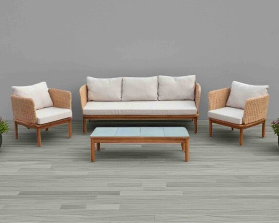 Set 4 Pz Salotto Santa Maria Ecru in Legno di Acacia, Gres e Polyrattan
