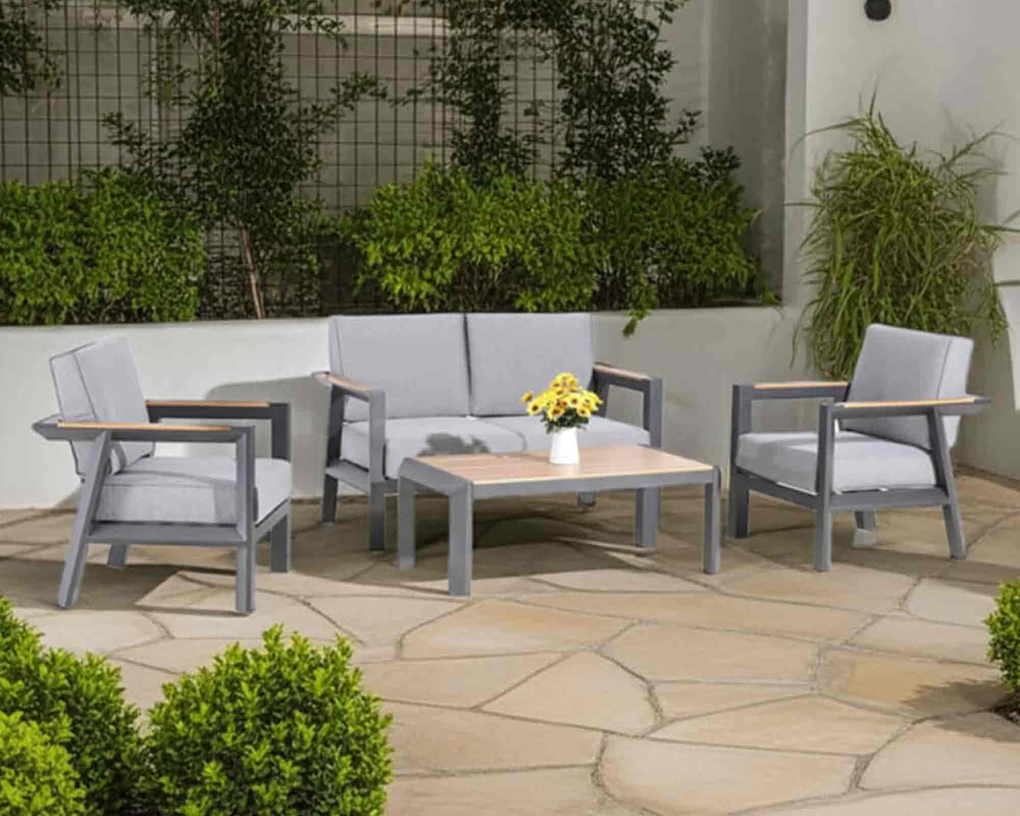 Set 4 Pz Salotto con Sofa a 2 Posti Grigio in Alluminio e Poliestere - Floral Garden