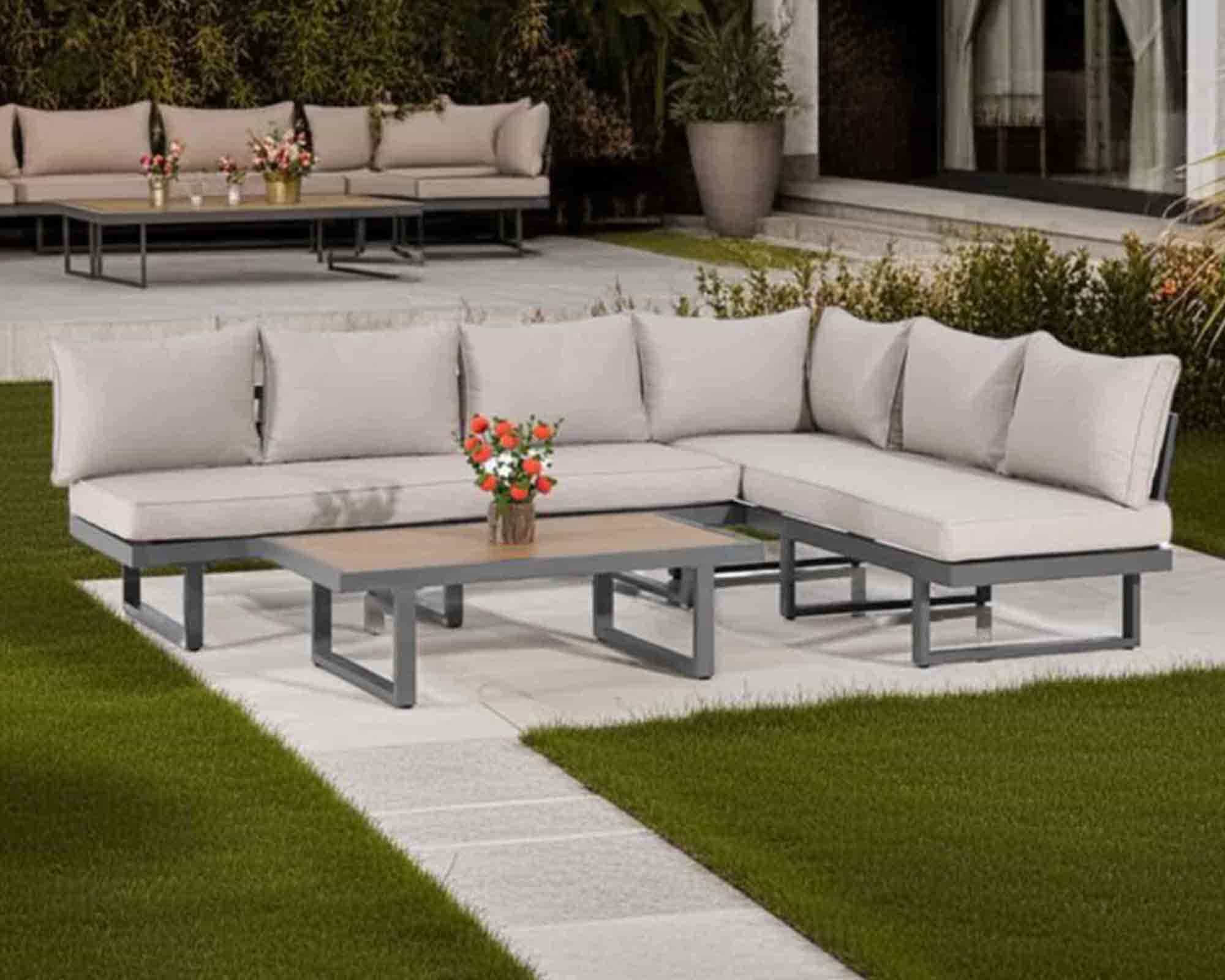 Set 3 Pz Salotto Angolo Senza Braccioli Grigio in Alluminio e Poliestere - Floral Garden