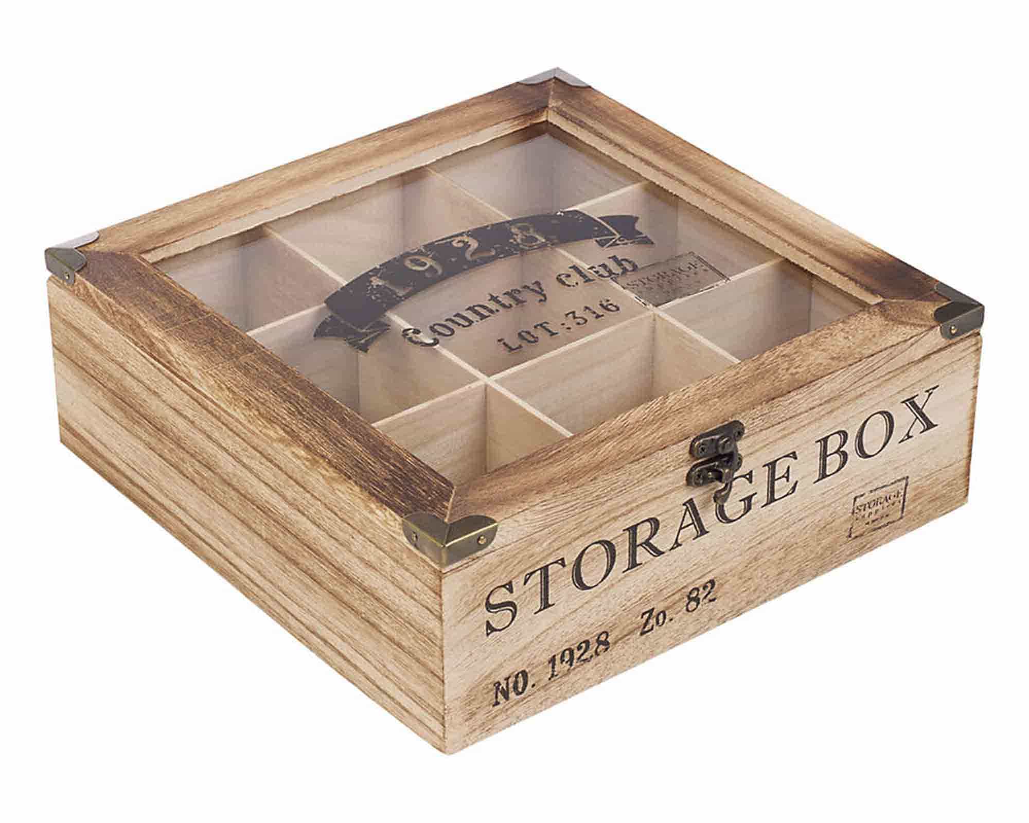 Scatola Porta Tè con 9 Posti 24x24x7cm in Legno