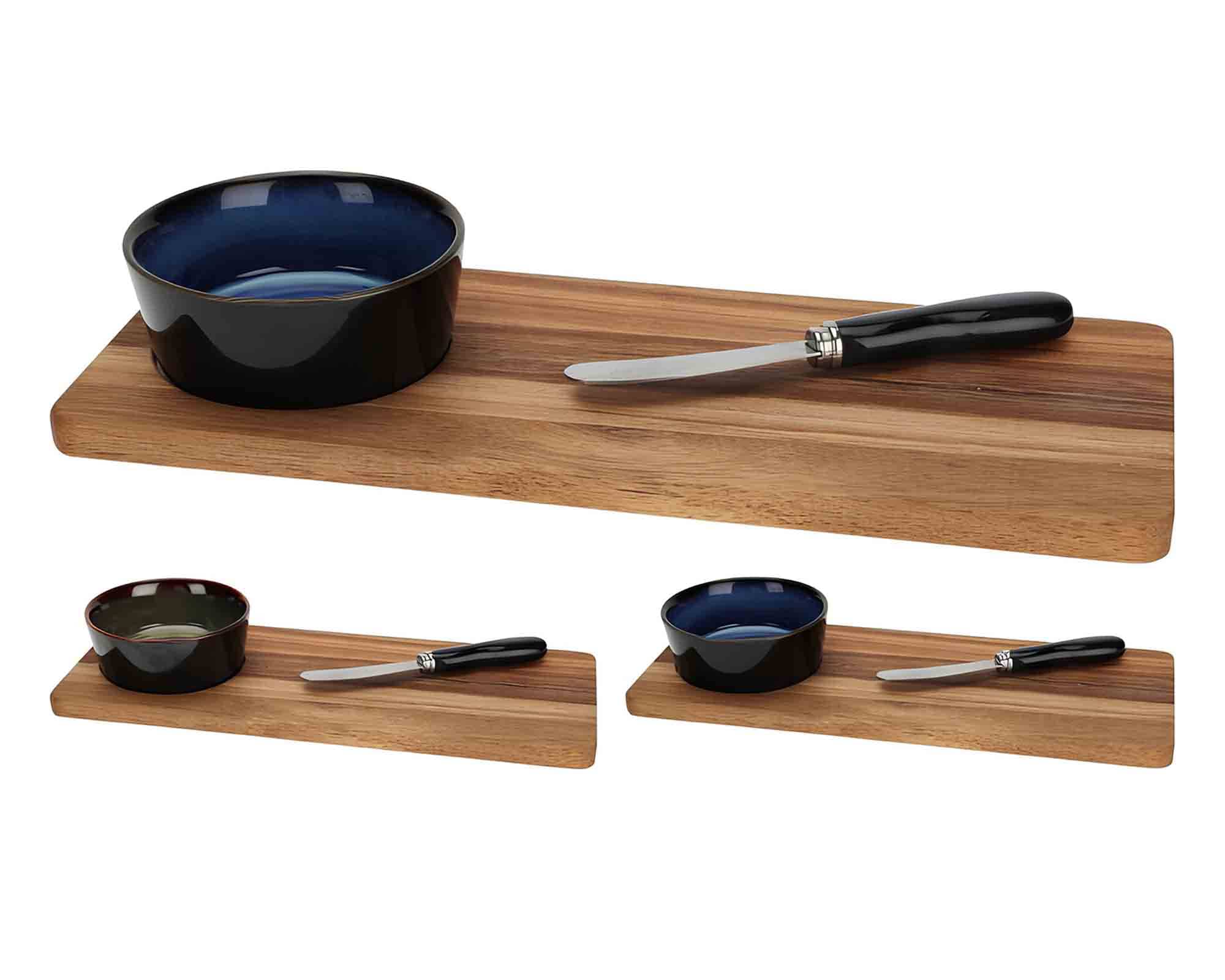 Set 3 Pz Aperitivo con Supporto 30x12x3,5cm in Legno di Acacia, Gres e Ceramica