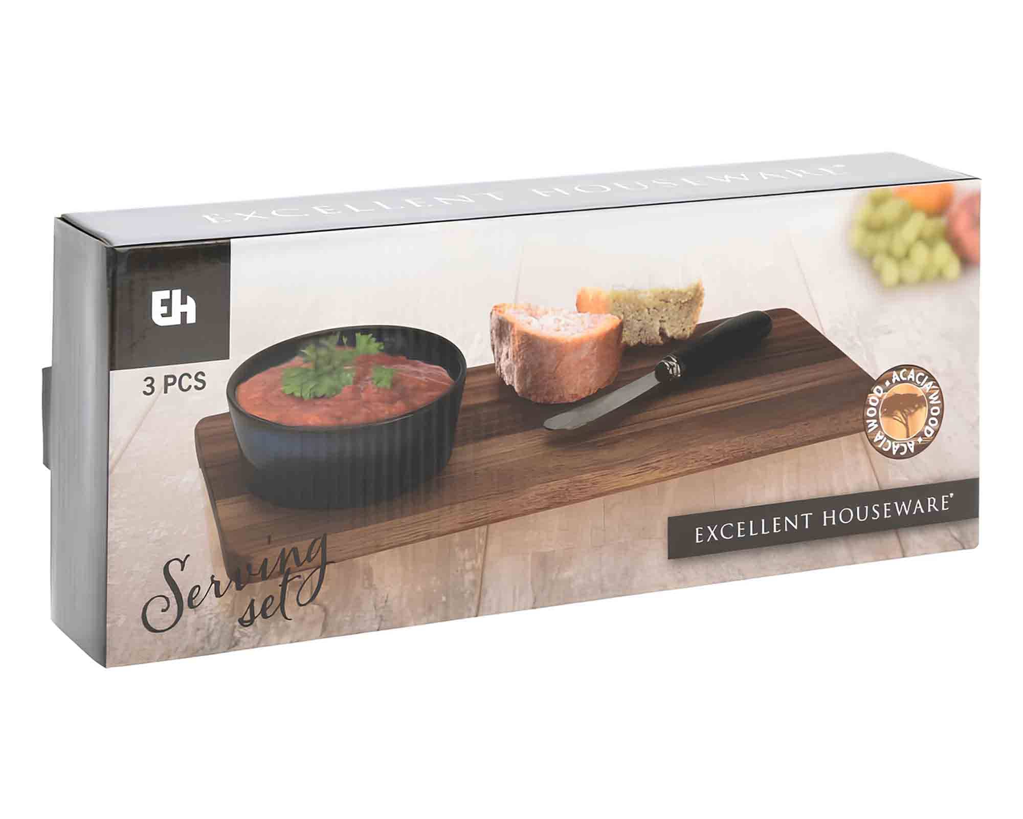 Set 3 Pz Aperitivo con Supporto 30x12x3,5cm in Legno di Acacia, Gres e Ceramica - immagine 2