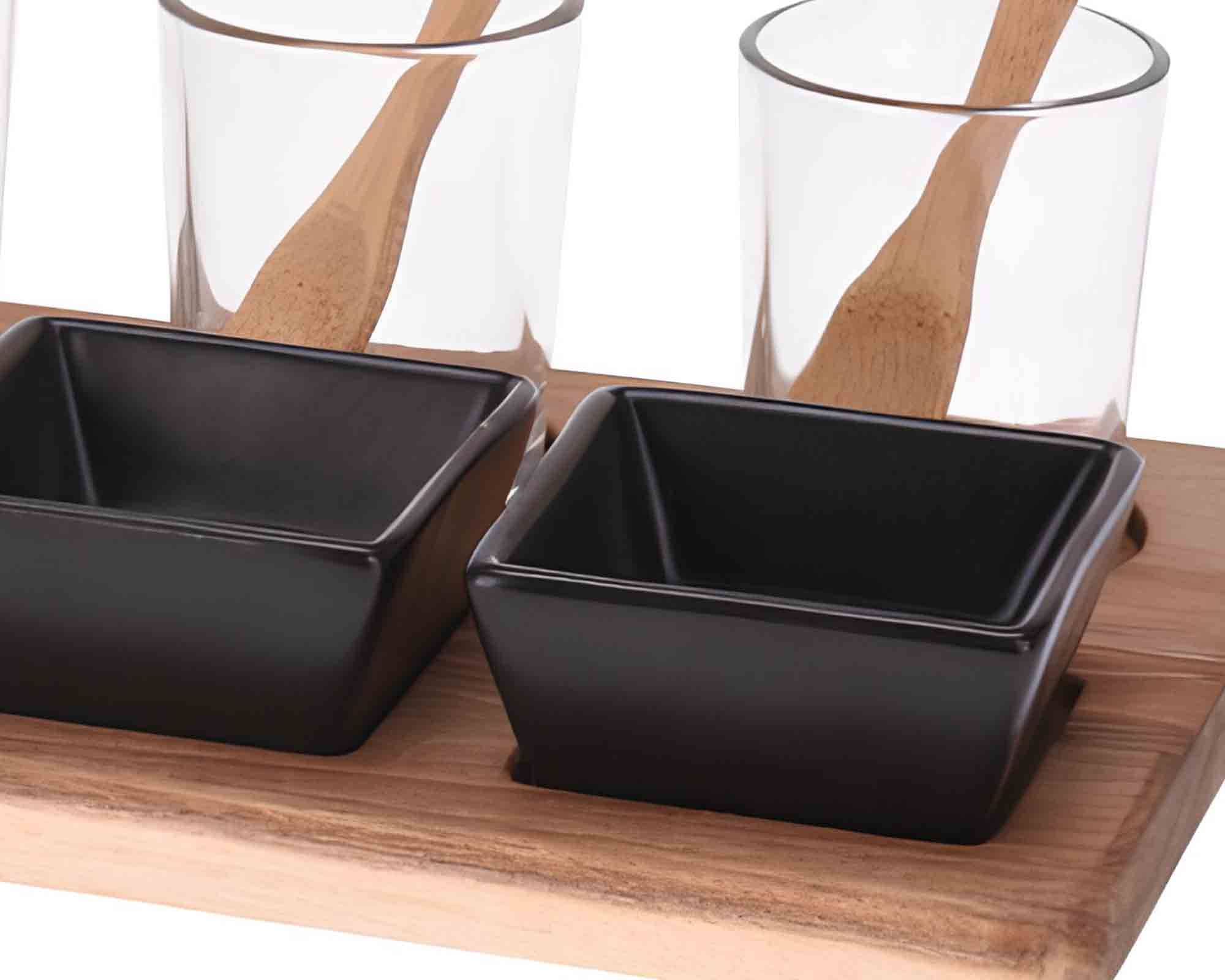 Set 13 Pz Ciotole per Aperitivo con Base 30x15cm in Legno di Acacia, Porcellana e Vetro - immagine 2