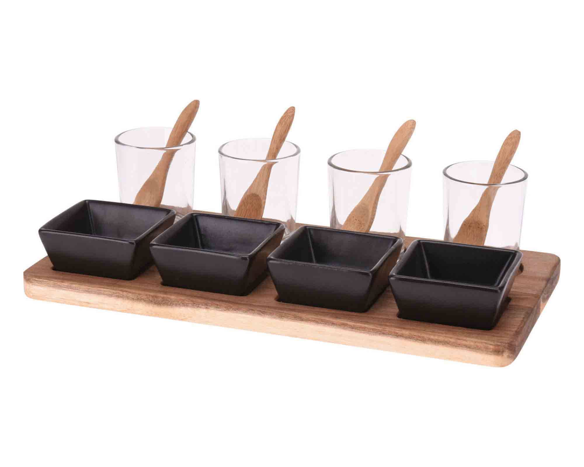 Set 13 Pz Ciotole per Aperitivo con Base 30x15cm in Legno di Acacia, Porcellana e Vetro