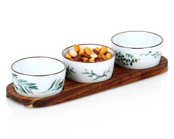 Set 4 Pz Ciotole per Aperitivo con Supporto 30x10x5,5cm in Legno e Ceramica