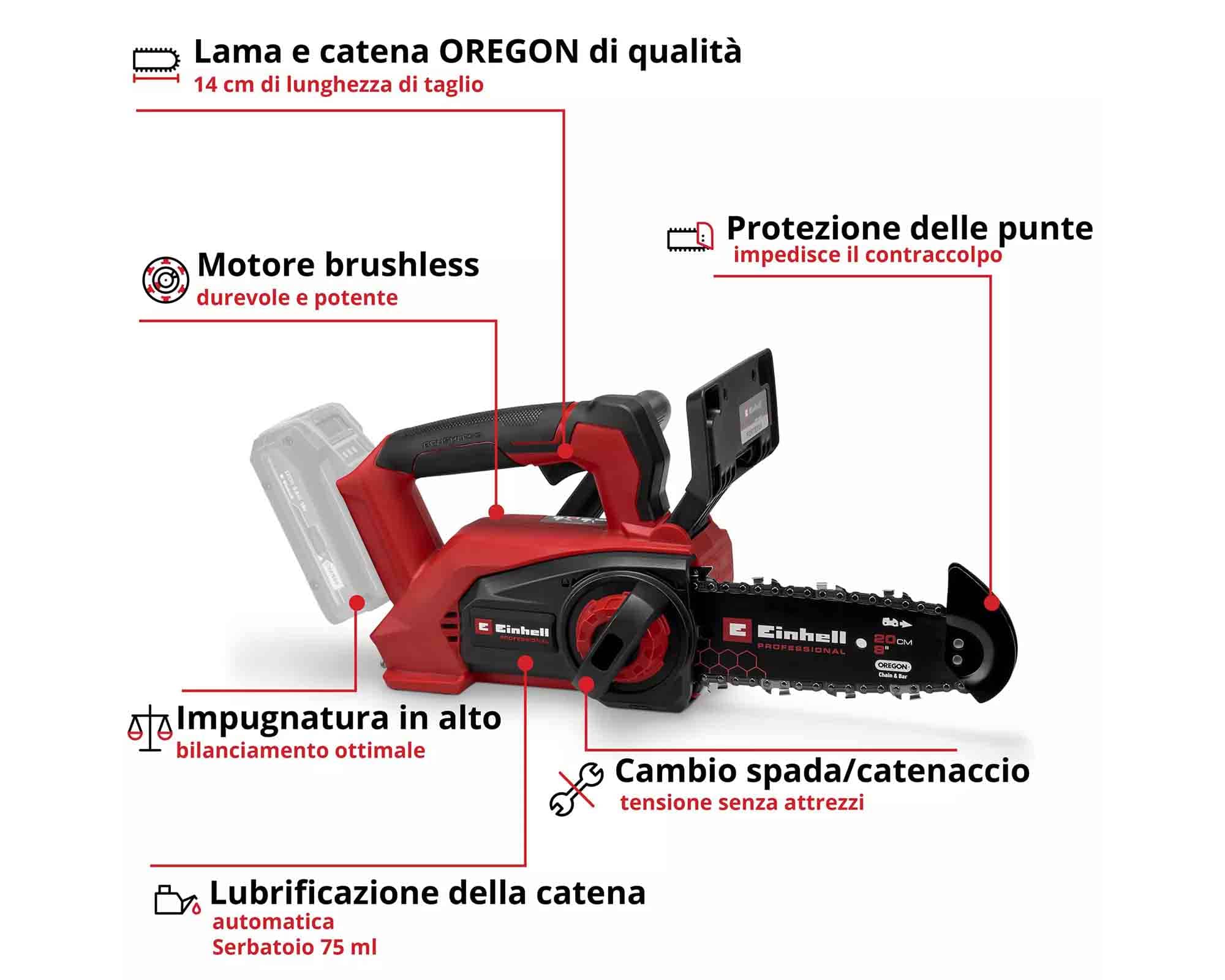 Elettrosega da Pota a Batteria 18 V Motore Senza Spazzole 18/20 TH - Einhel - immagine 2