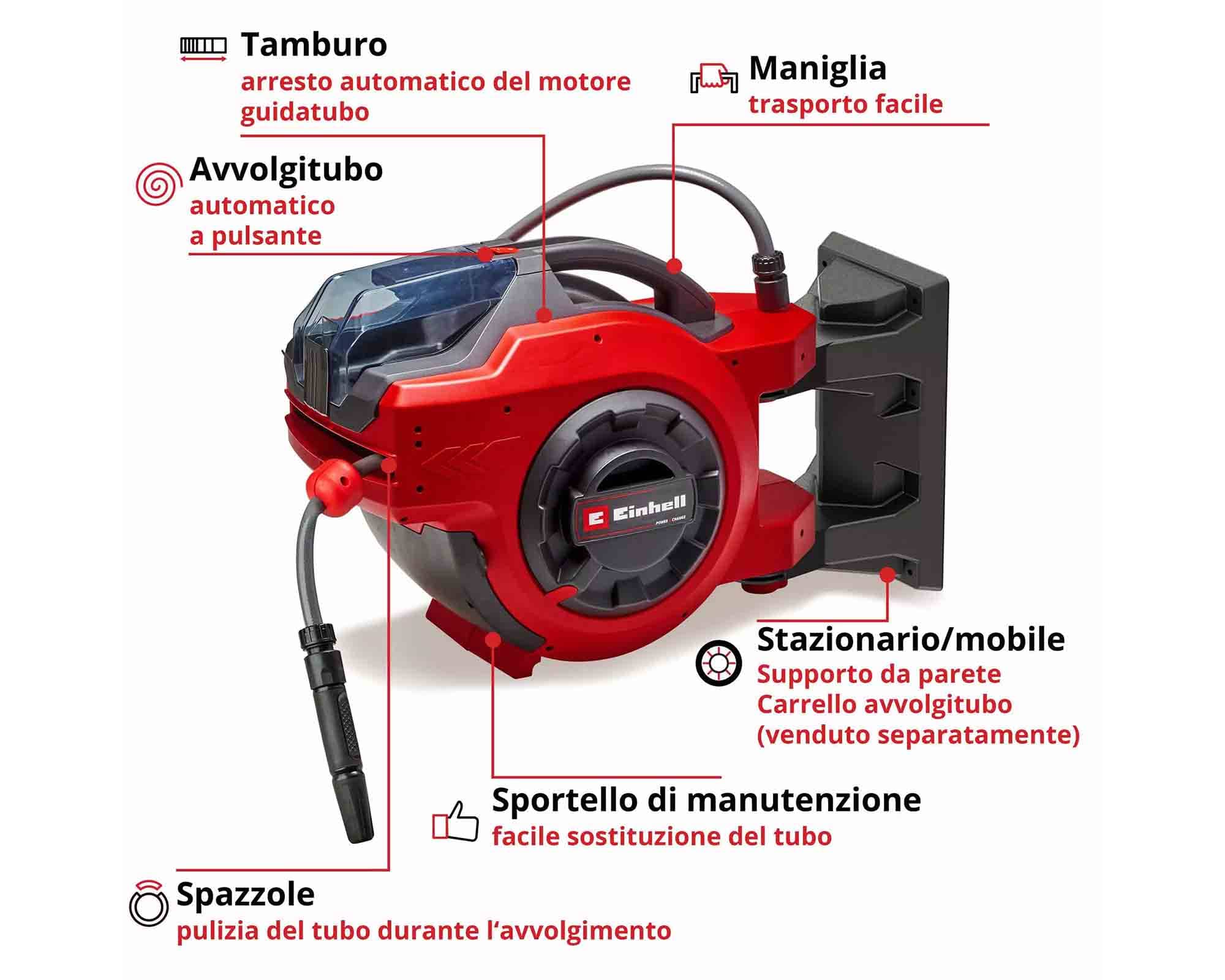 Tamburo Avvolgitubo Automatico a Batteria 18 V Orientabile Fino a 180° GE-HR 18/30 LI - Einhel - immagine 3