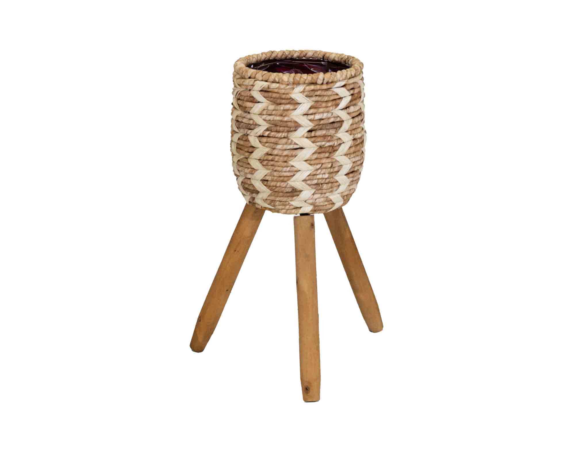 Cachepot Zigzag con Piedi Beige Naturale D18x44cm in Rattan e Legno
