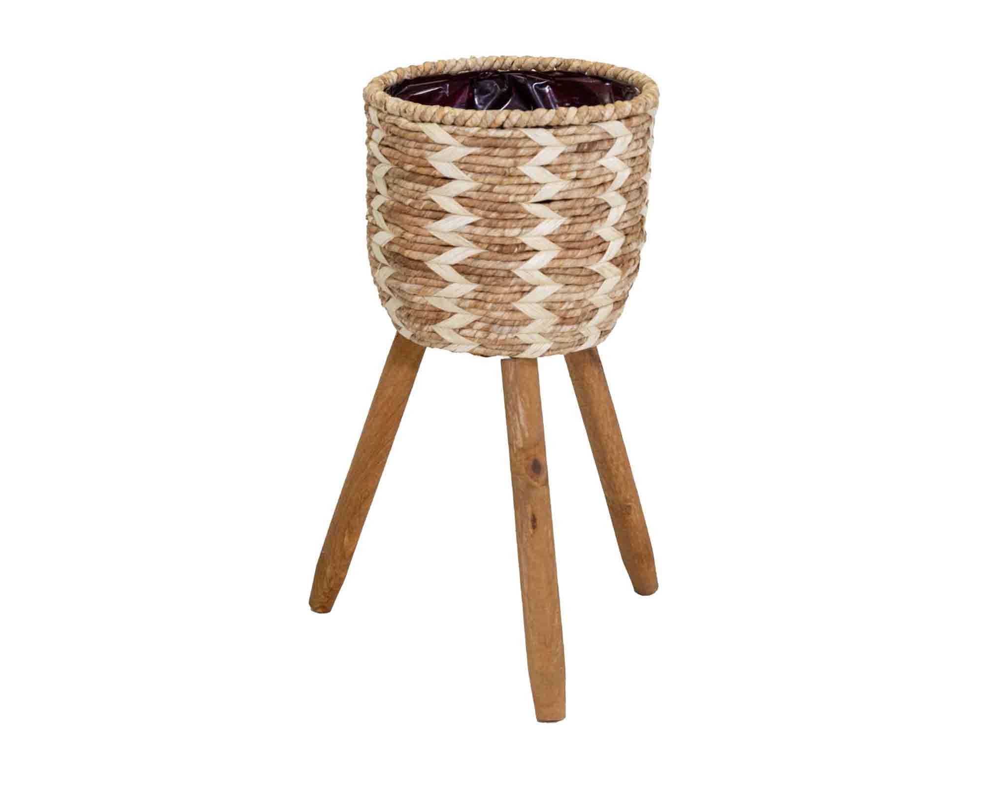 Cachepot Zigzag con Piedi Beige Naturale D24x52cm in Rattan e Legno