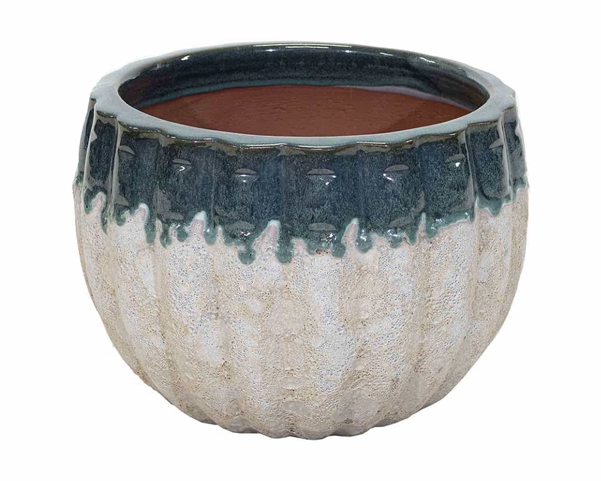 Cachepot Elegante e Decorativo Smaltato Verde e Bianco D21x16cm in Terracotta