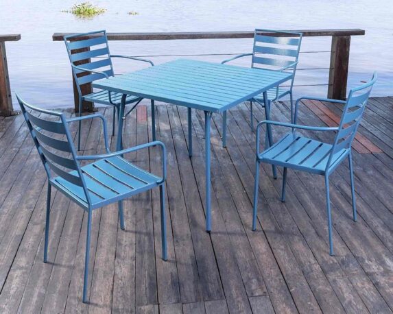 Set Pranzo Tavolo 160x90x75 + 4 Poltrone Santorini Blu in Ferro