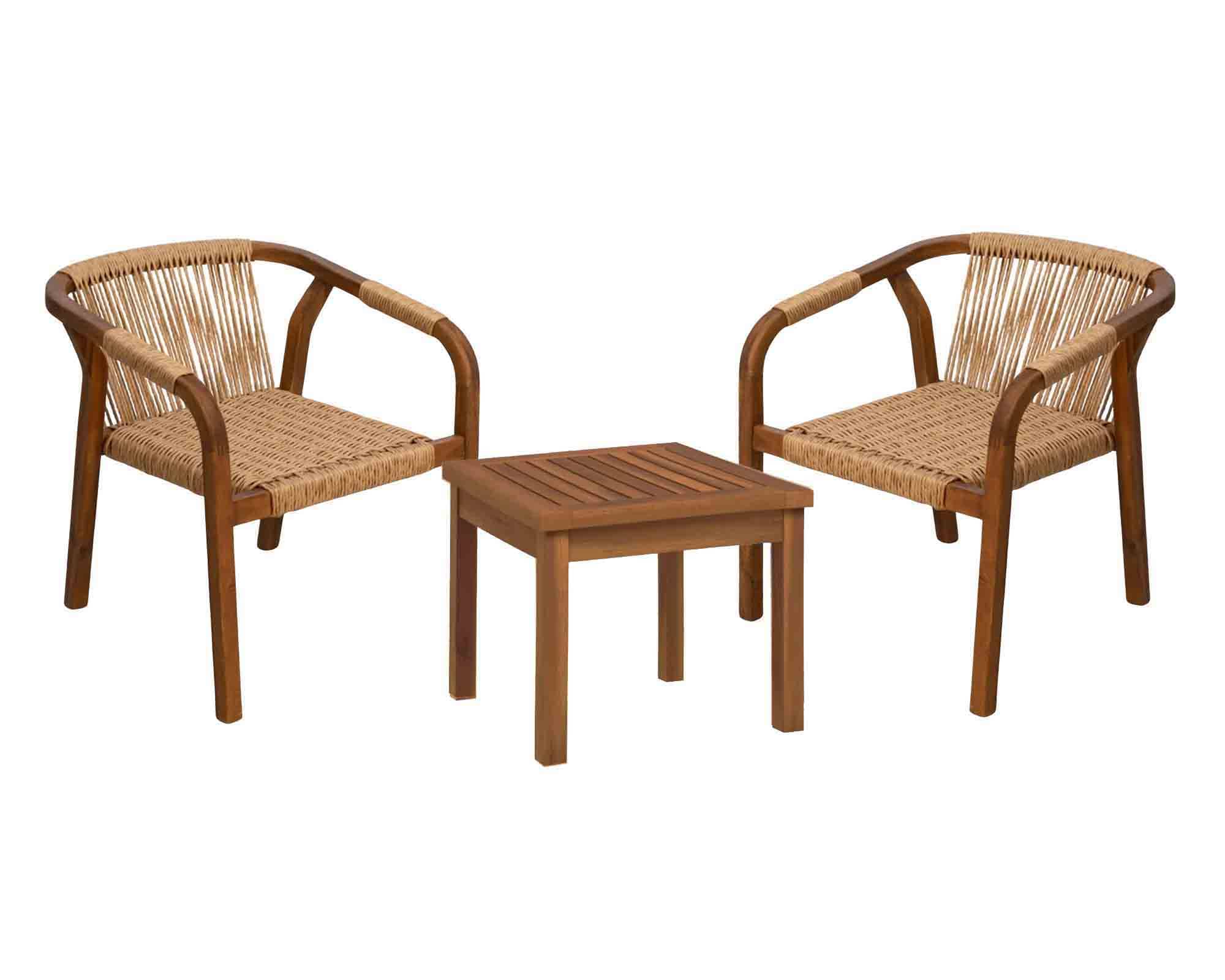Set Pranzo Tavolino 50x50x40cm + 2 Poltrone Giarre in Legno di Accacia e Wicker - immagine 2