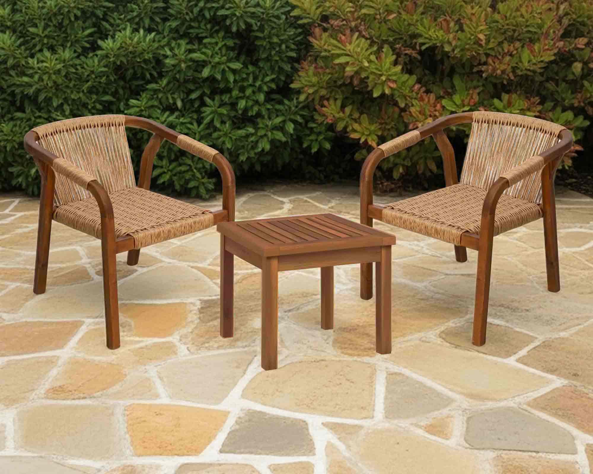 Set Pranzo Tavolino 50x50x40cm + 2 Poltrone Giarre in Legno di Accacia e Wicker