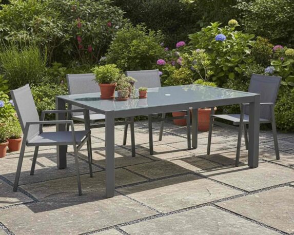 Set Pranzo Tavolo Allungabile 200/250x100cm Antracite e Grigio + 4 Sedia Antracite Boston in Alluminio e Textilene