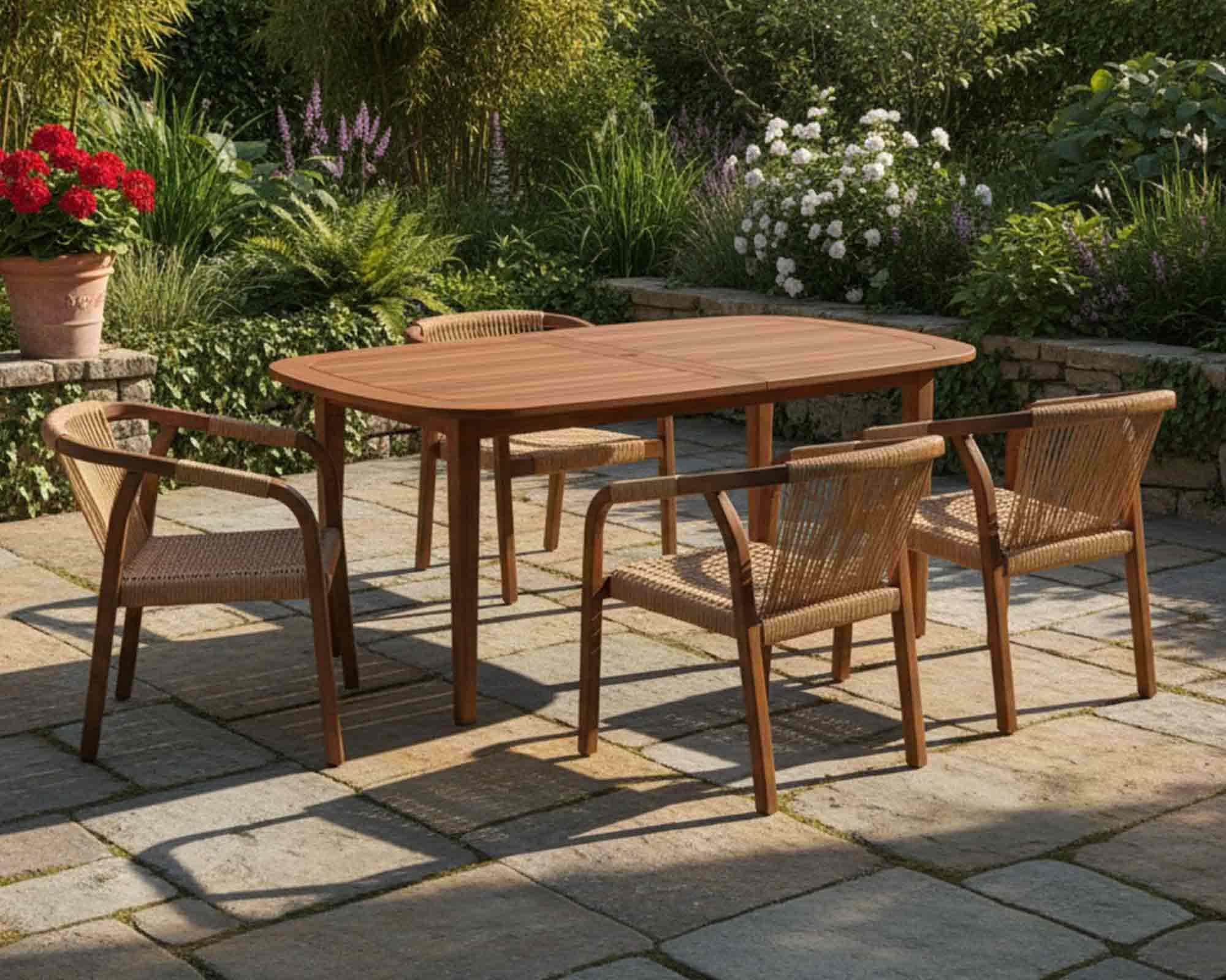 Set Pranzo Tavolo Ishia Allungabile 180-240x110 + 4 Poltrone Giarre in Legno di Accacia e Wicker