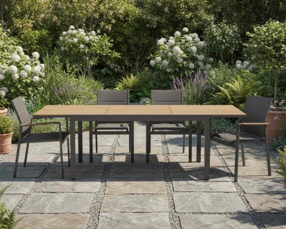 Set Pranzo Tavolo Allungabile 200-300×95 + 4 Sedie con Braccioli Kubik in Alluminio e Textilene