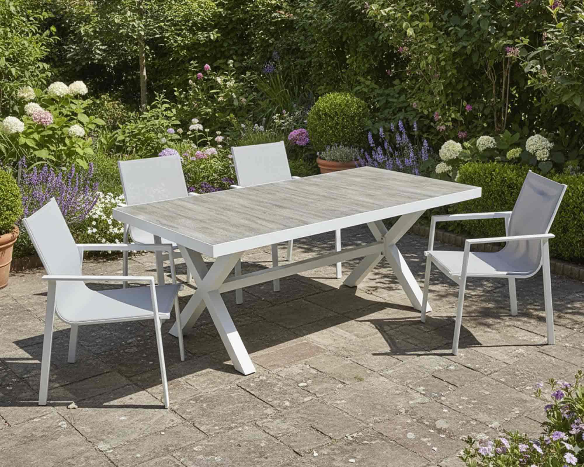 Set Pranzo Tavolo Cross Fisso + 4 Sedie con Braccioli Bianco in Alluminio, Ceramica e Textilene