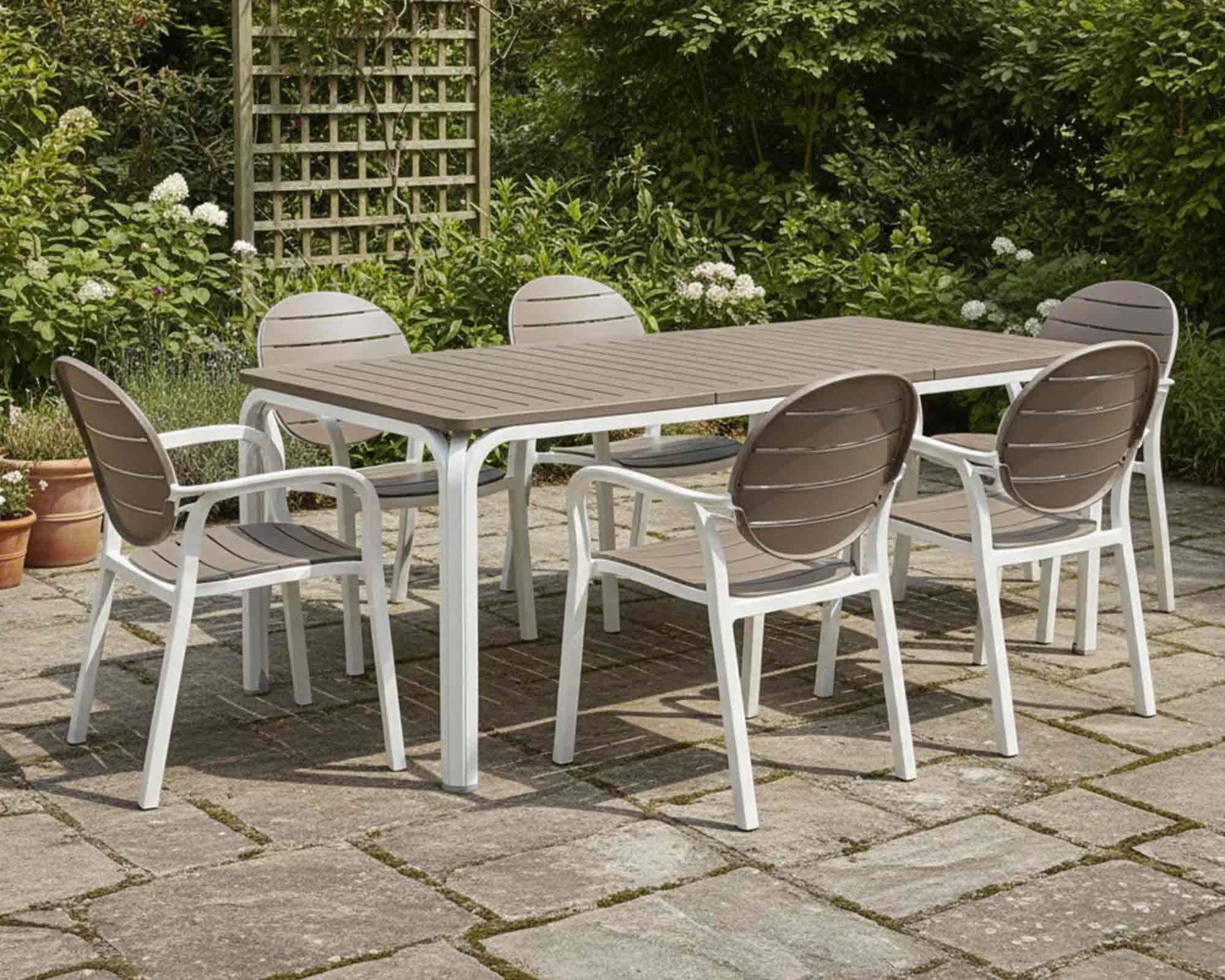 Set Pranzo Tavolo Alloro 210/280x100 + 6 Sedia Bianco e Tortora in Alluminio - Nardi