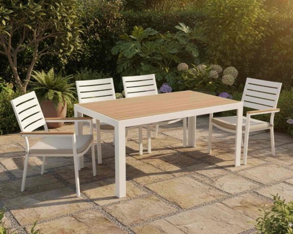 Set Pranzo Tavolo Belmar 160-240×100 Bianco + 4 Sedie con Braccioli in Alluminio e Polipropilene – Bizzotto