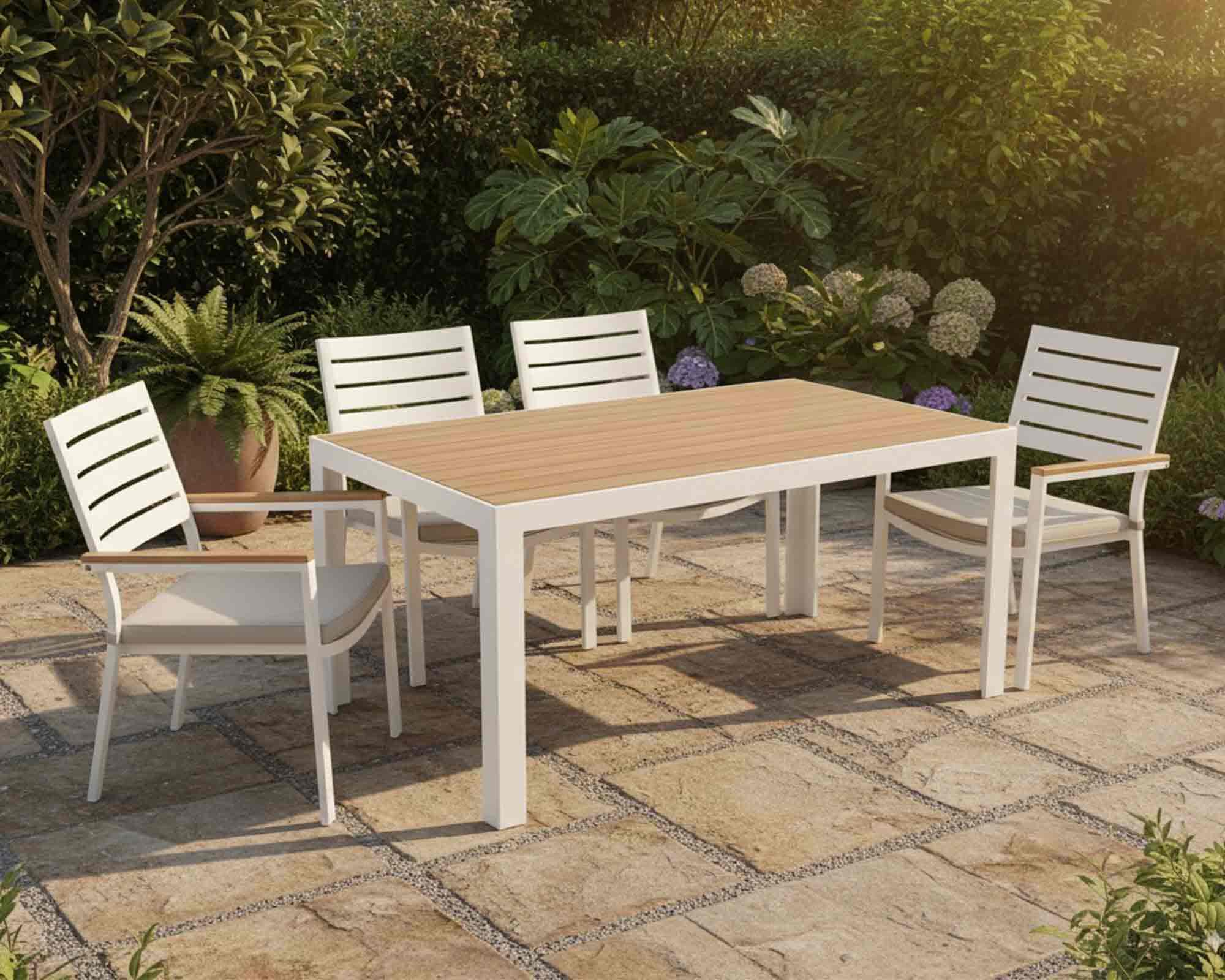 Set Pranzo Tavolo Belmar 160-240x100 Bianco + 4 Sedie con Braccioli in Alluminio e Polipropilene - Bizzotto