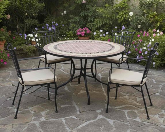 Set Pranzo Tavolo Piastrelle D100xH75 + Poltrona Pisa In Ferro – Levico