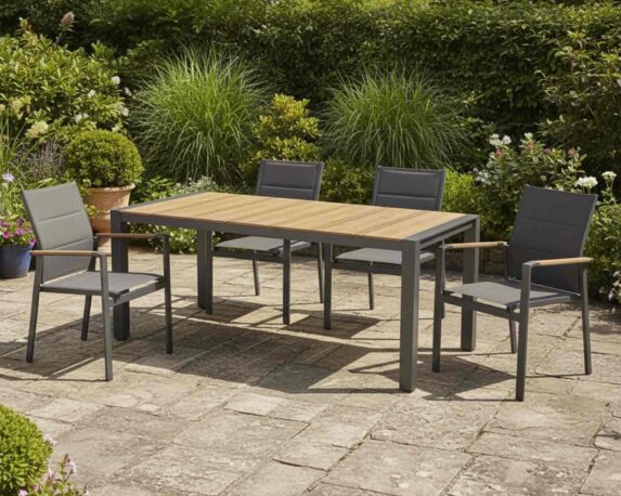 Set Pranzo Tavolo Elias 198×100 Antracite + 4 Sedie Kubik con Braccioli in Alluminio e Textilene – Bizzotto