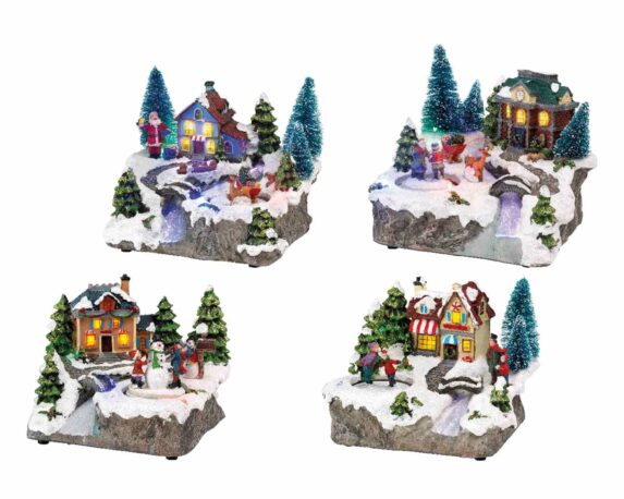 Villaggio Nordico in Movimento con Casa Innevata e Fiume e Led in Resina
