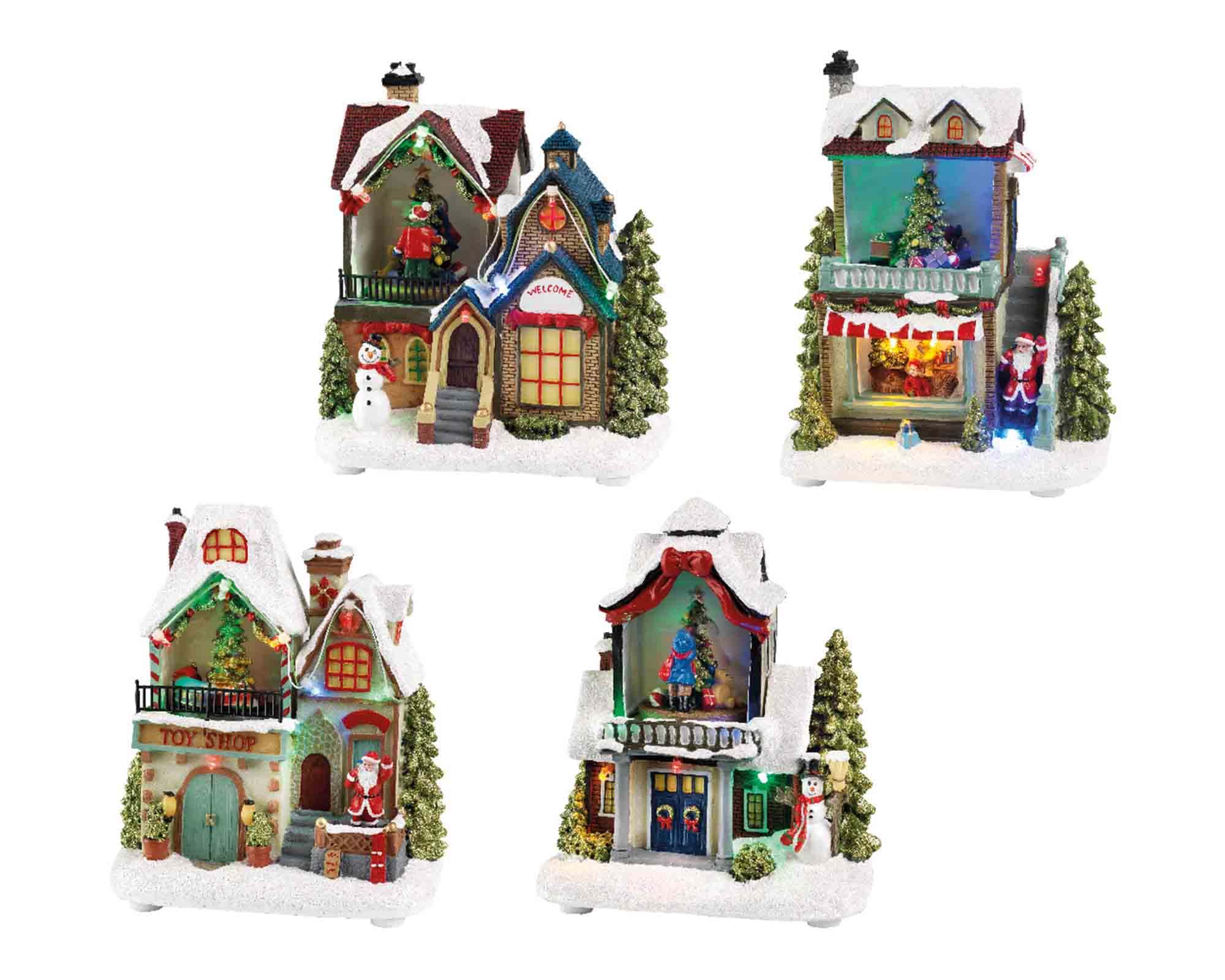 Villaggio Nordico in Movimento con Casette Innevate e Led Assortite Multicolore in Resina