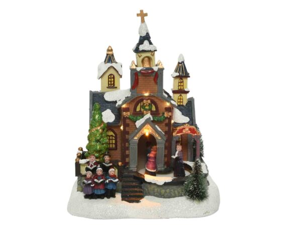 Villaggio Nordico in Movimento con Chiesa e Coro 15x20x24cm in Resina