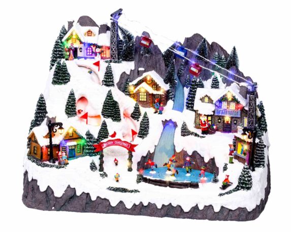 Villaggio Nordico in Movimento con Paese di Montagna e Led Multicolore in Resina