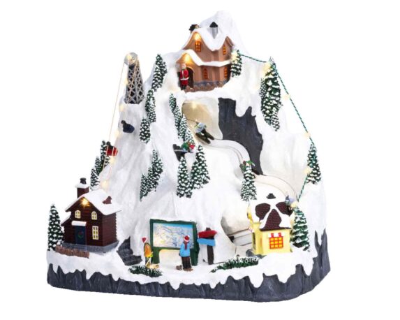 Villaggio Nordico in Movimento con Impianto Sciistico e Led Multicolore in Resina