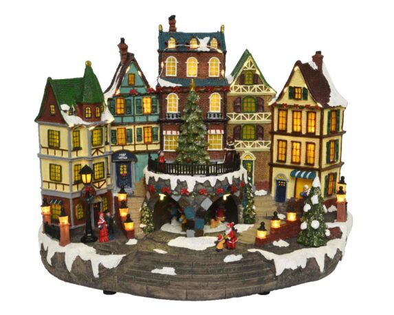 Villaggio Nordico in Movimento con Piazza Natalizia e Led Multicolore in Resina