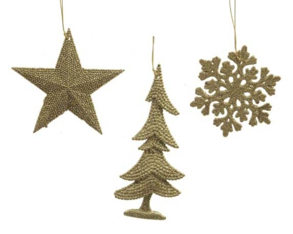Pendente Glitterato Stella, Albero o Fiocco di Neve Oro Assortito 10x10cm in Plastica