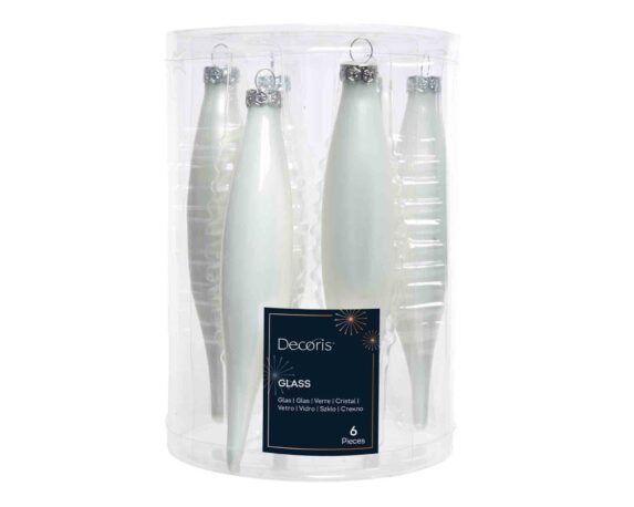 Set 6 Pz Pendenti Icicle Bianco Neve D3x15cm in Vetro