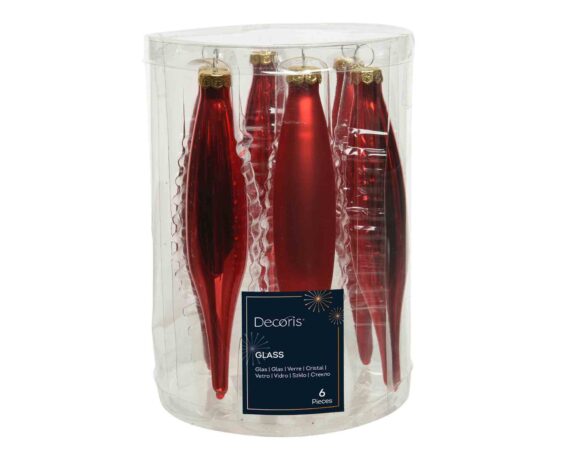 Set 6 Pz Pendenti Icicle Rosso D3x15cm in Vetro