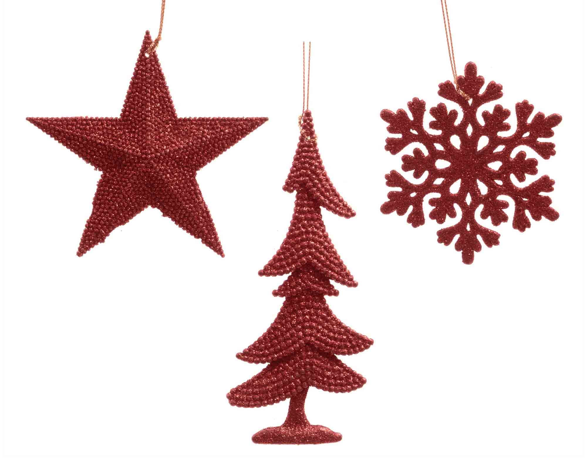 Pendente Glitterato Stella, Albero o Fiocco di Neve Rosso Assortito 10x10cm in Plastica