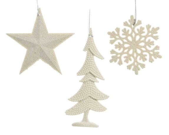 Pendente Glitterato Stella, Albero o Fiocco di Neve Bianco Assortito 10x10cm in Plastica