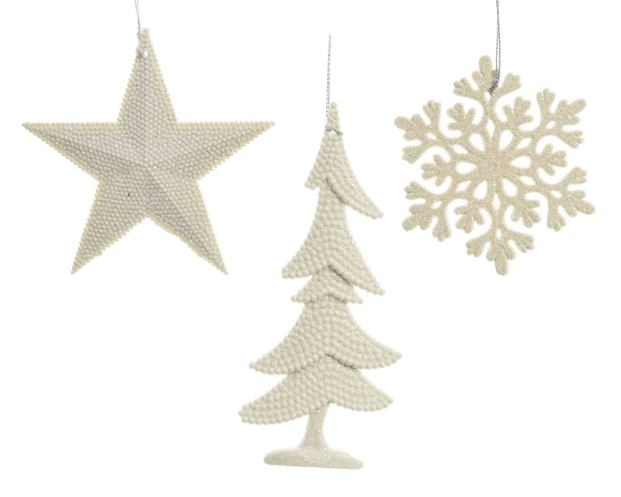 Pendente Glitterato Stella, Albero o Fiocco di Neve Bianco Assortito 10x10cm in Plastica