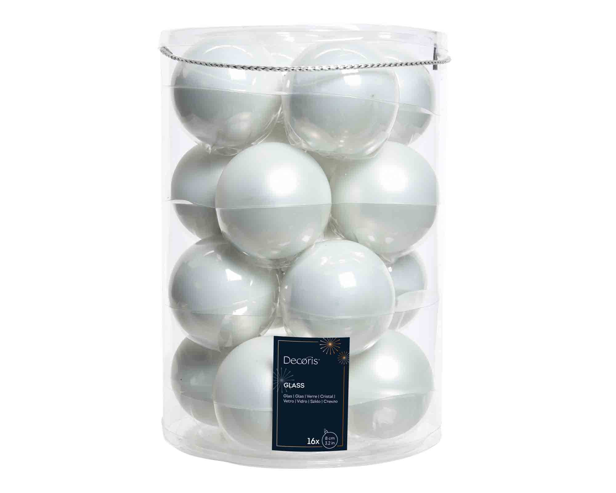 Set 16 Pz Sfere Bianco Smaltato Assortito D8cm in Vetro