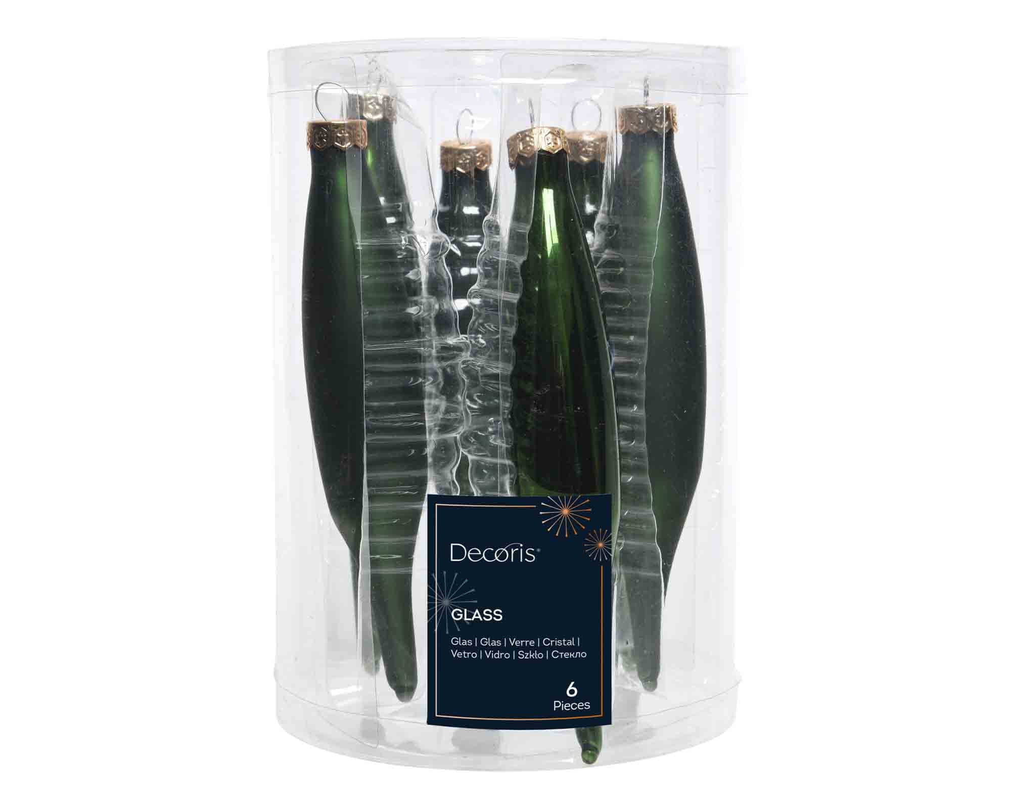 Set 6 Pz Pendenti Icicle Verde Pino D3x15cm in Vetro