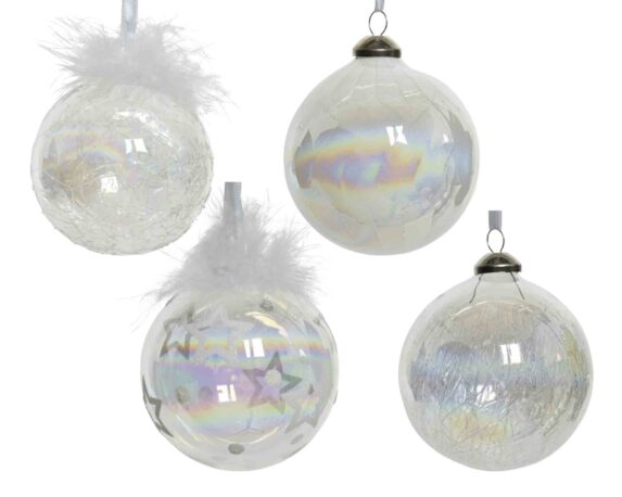 Sfera Bianco Opaco con Piume e Stelle Assortito D8cm in Vetro