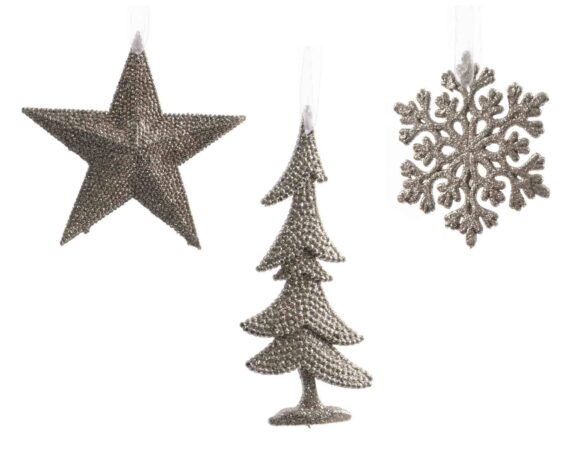Pendente Glitterato Stella, Albero o Fiocco di Neve Perla Assortito 10x10cm in Plastica