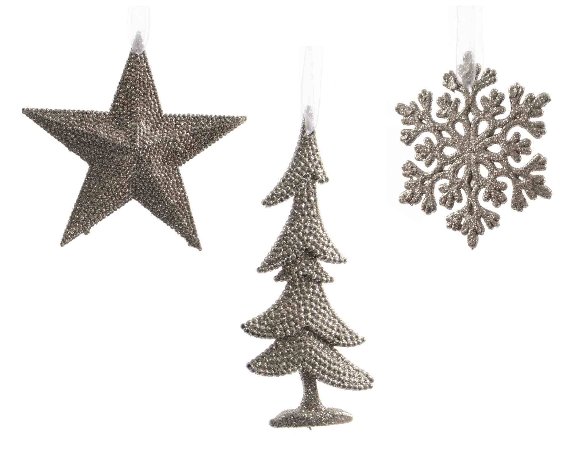 Pendente Glitterato Stella, Albero o Fiocco di Neve Perla Assortito 10x10cm in Plastica