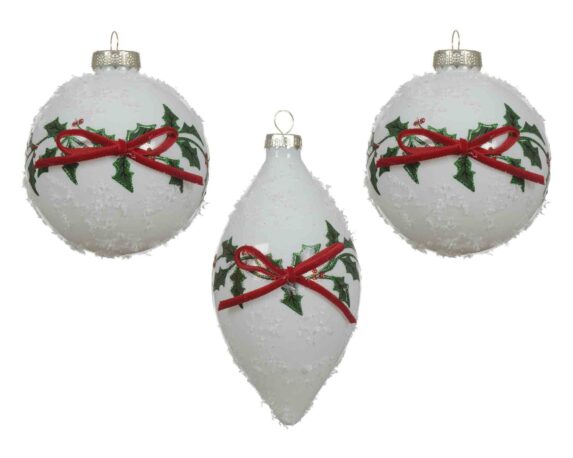 Sfera Bianco Opaco con Fiocco Assortito D8cm in Vetro