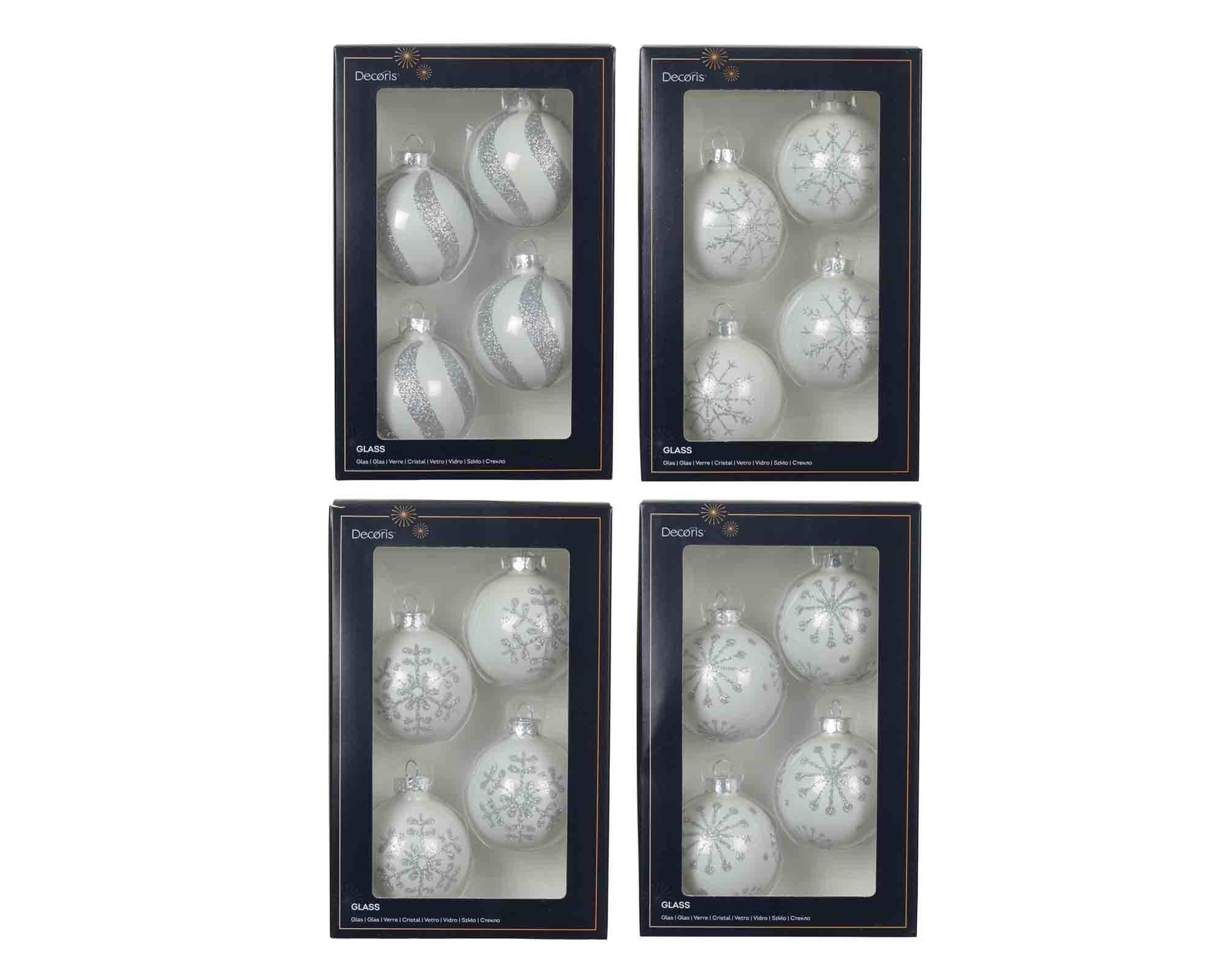 Set 4 Pz Sfere Bianco con Glitter Fiocchi di Neve Assortito D6cm in Vetro