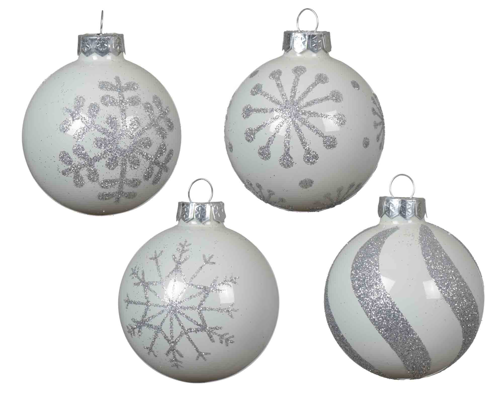 Set 4 Pz Sfere Bianco con Glitter Fiocchi di Neve Assortito D6cm in Vetro - immagine 2